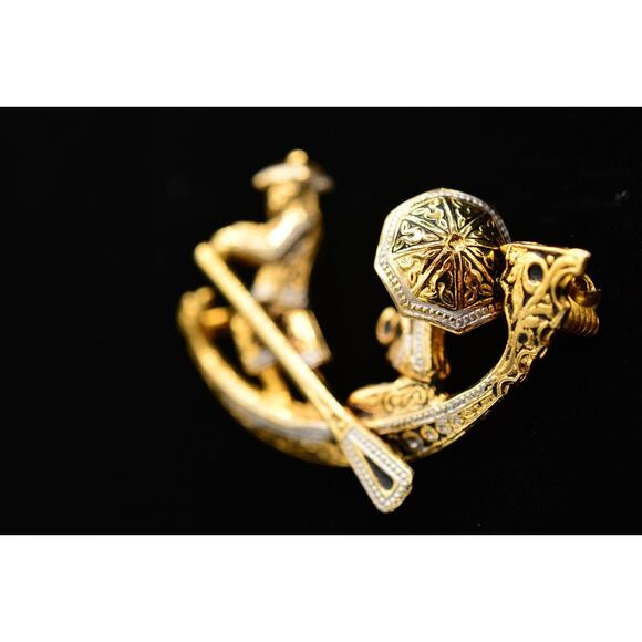 Vintage Oriental Boat Damascene Pin Brooch Tourist Gold Spain Signed 1980s BinJ - Picture 3 of 12